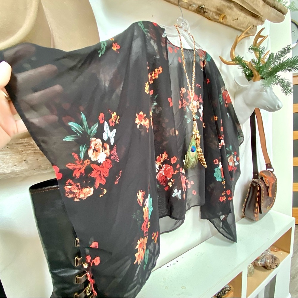 Semi Sheer boho open front cover up w floral shabby chic vacay vibe